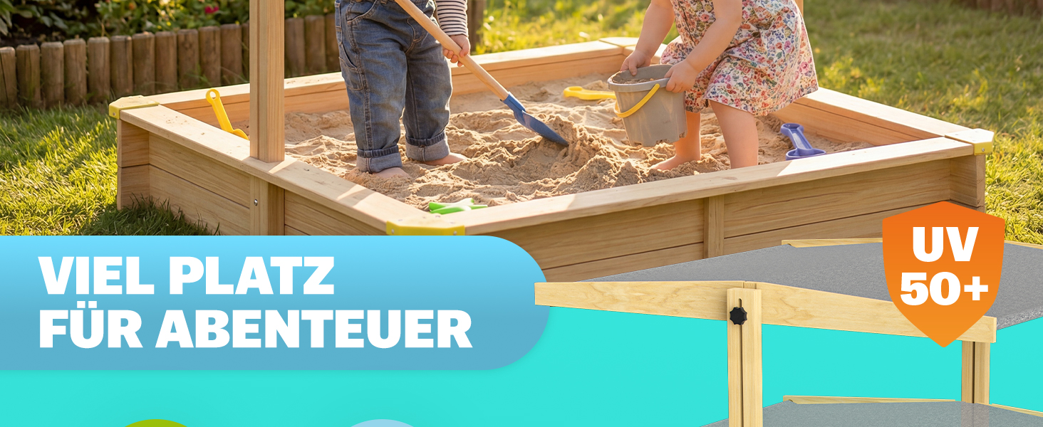 Пісочниця Spielwerk Samu з дахом від сонця 120x120 см, натуральне дерево, захист країв, UV 50, з рівнем наповнення, для дітей