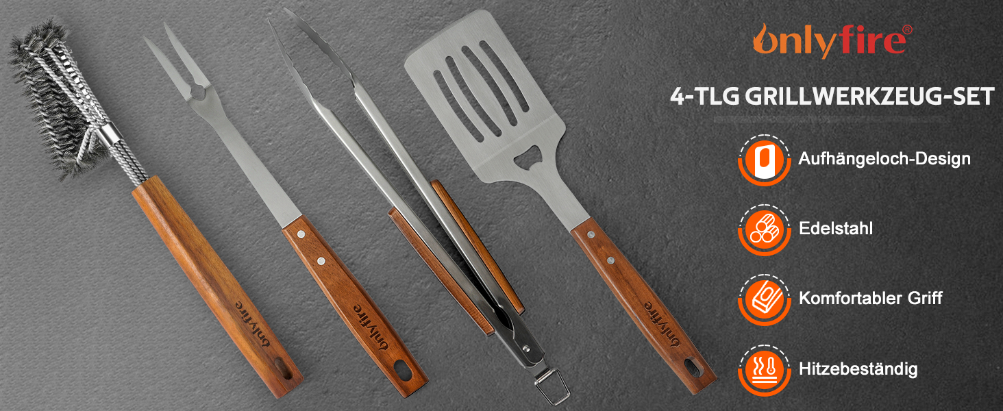 Набір гриль-посуду Onlyfire 4 шт. з нержавіючої сталі та акації (щипці, лопатка, виделка, щітка)