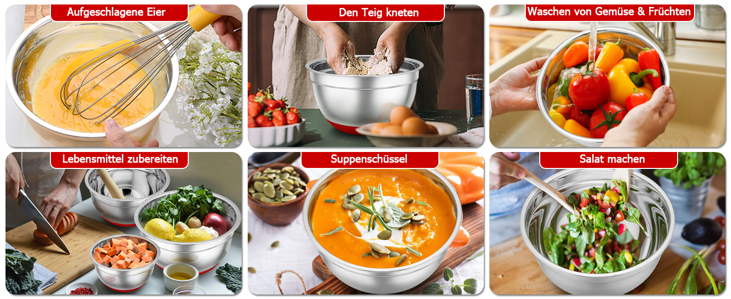 Набір мисок TEAMFAR з нержавіючої сталі: салати, зберігання, приготування їжі. Об'єм: 0.7-6.5 л, з кришкою та силіконовим дном.