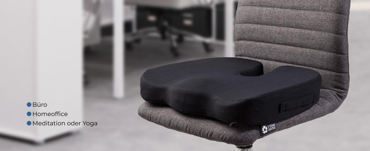 Подушка ортопедична для сидіння з піни Memory Foam 5 STARS UNITED: підтримка куприка, зняття болю в спині та при ішіасі, чорна