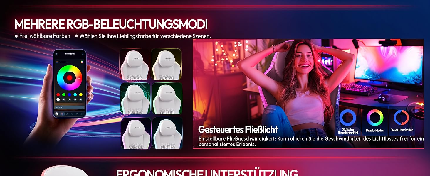 Ігровий крісло Dowinx з RGB підсвічуванням, LED, з підніжкою, для дорослих, ергономічний, з масажем попереку, з PU шкіри, білий