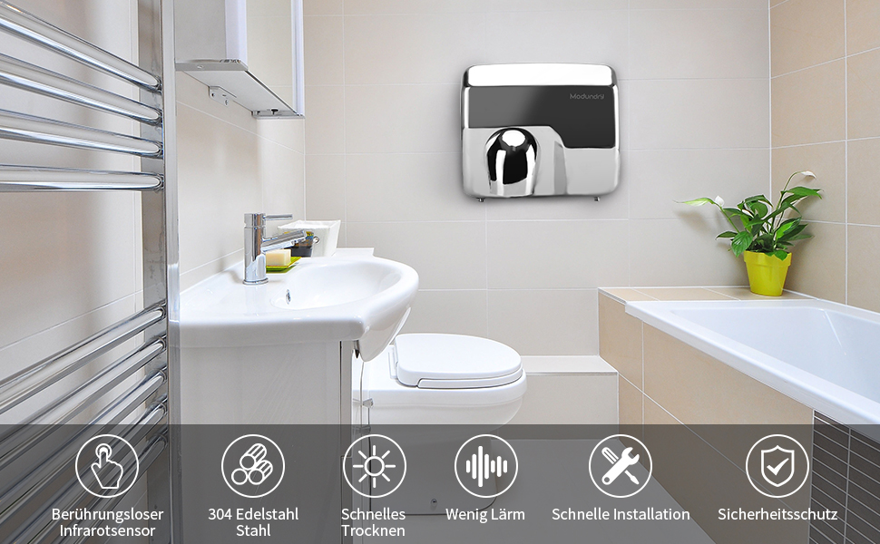 Електричний сушар для рук автоматичний, високошвидкісний, нержавіюча сталь, 2300W, настінний монтаж, сушка за 8-10 секунд, для комерційних туалетів