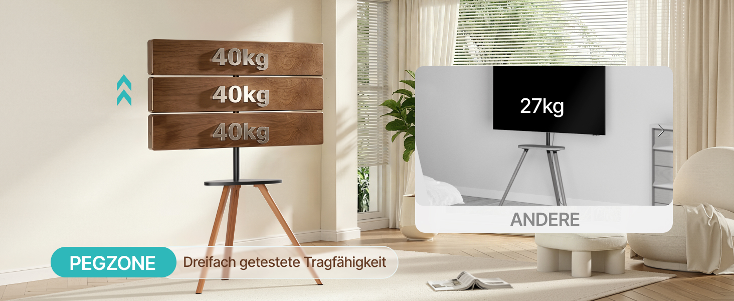 Стійка для телевізора PEGZONE 45-65 дюймів LCD LED OLED до 40 кг, дерев'яна тринога з поличкою, регульована по висоті та куту нахилу, VESA 600x400 мм
