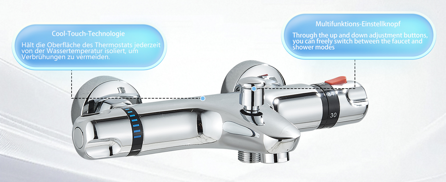 Змішувач для ванни з термостатом, настінний монтаж, хром. Змішувач для ванни та умивальника для ванної кімнати