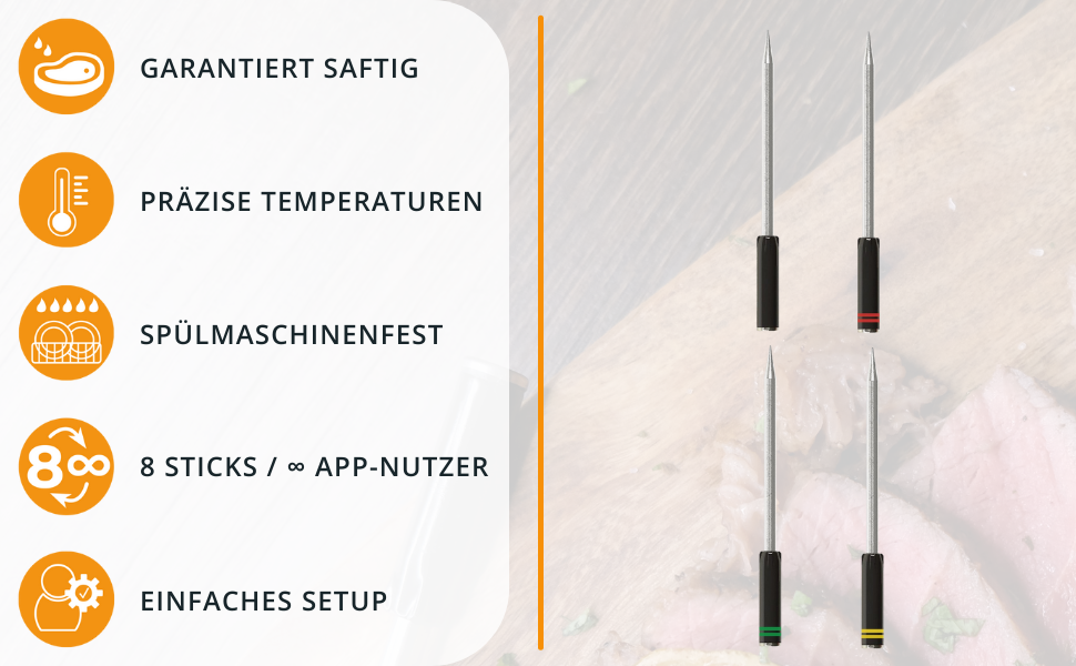 Термометр для м'яса MeatStick з додатком: бездротовий термометр для приготування м'яса з радіусом дії 10м, точний вимірювач температури до 300°C, термометр для гриля з датчиком 92мм, з зарядним пристроєм TC600P
