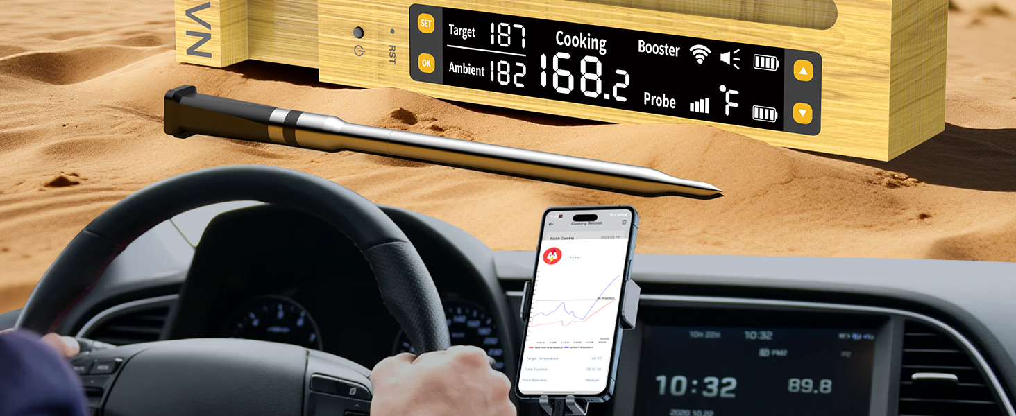 Термометр для м'яса WLAN Sub-1G з необмеженим радіусом дії, цифровою Smart-базою та 7 сертифікованими NIST-сенсорами – моніторинг температури навколишнього середовища для BBQ, гриля, духовки та Smoker (1 шт, чорний, компактний)