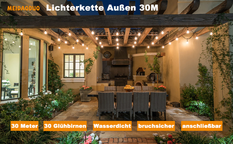 Ланцюжок прикрас для зовнішнього використання 30 м, ST45, LED, E27, тепле біле світло 2700K, IP65, вологостійкий, 30 x 1W, скляні лампочки S14 для вечірок та святкування