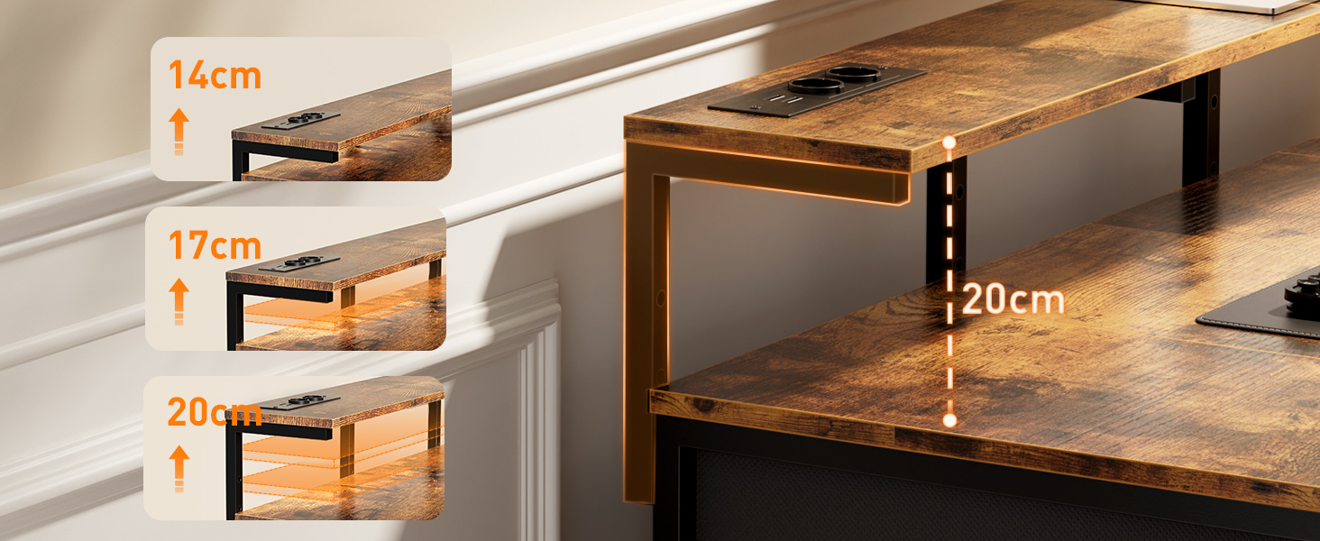 Комп'ютерний стіл з 8 висувними ящиками, 2 розетками, USB-портами, LED-підсвічуванням та підставкою для монітора, 120 x 50 x 74 см, Колір: Коричневий