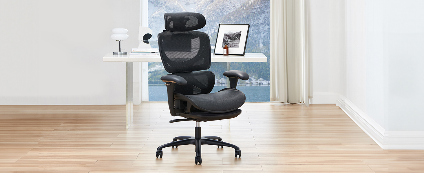Органічний офісний крісло COLAMY з підніжкою, 3D підлокітниками, підголівником, підтримкою попереку та дихаючою сіткою - для офісу та дому, чорний