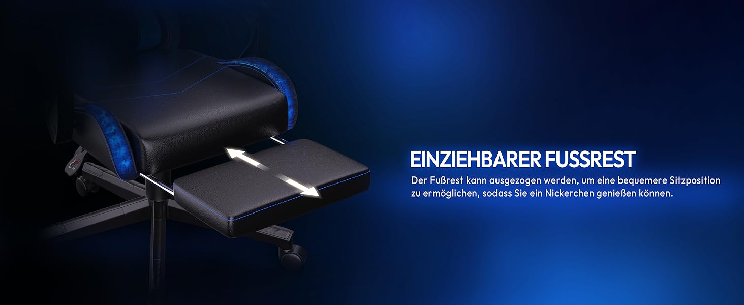 Ігровий крісло Dowinx з RGB підсвічуванням, LED, з підніжкою, для дорослих, ергономічний, з масажем попереку, PU шкіра, білий (блакитний)