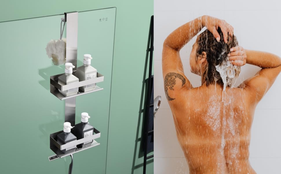 Поличка для душу на гачок, 2 яруси, SUS304 нержавіюча сталь, з гачками для скляних душових кабін, K07-23MB-2GL