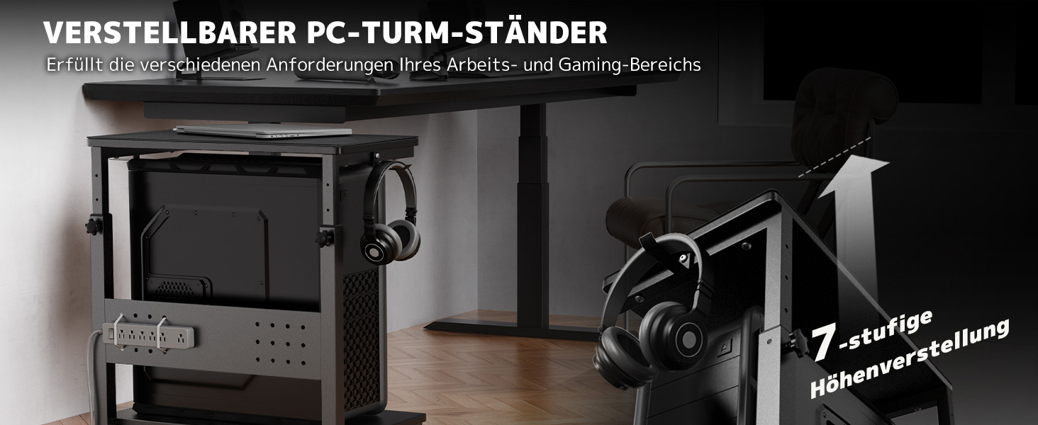 Підставка для ПК з регулюванням висоти PUTORSEN, 2 рівні, з роликами та підкладкою для миші, чорний Full-Tower (до 40 кг/рівень)