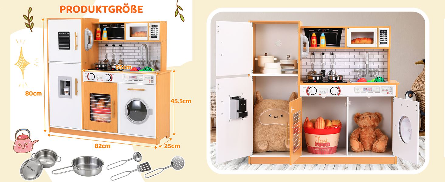 Дерев'яна дитяча кухня MAMIZO з підсвіткою та звуком, 82x80x25 см. Комплект аксесуарів, іграшка для дітей від 3 років, білий колір (біле дерево)