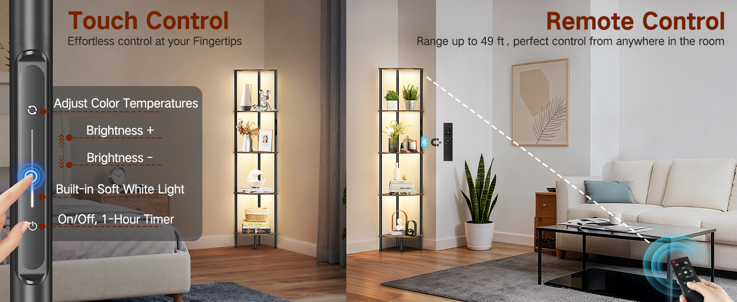 LED торшер з полицею, 3 режими світла, димування (сенсор/пульт), кутова полиця 5 рівнів, вузька книжкова шафа для вітальні, спальні, офісу, чорний