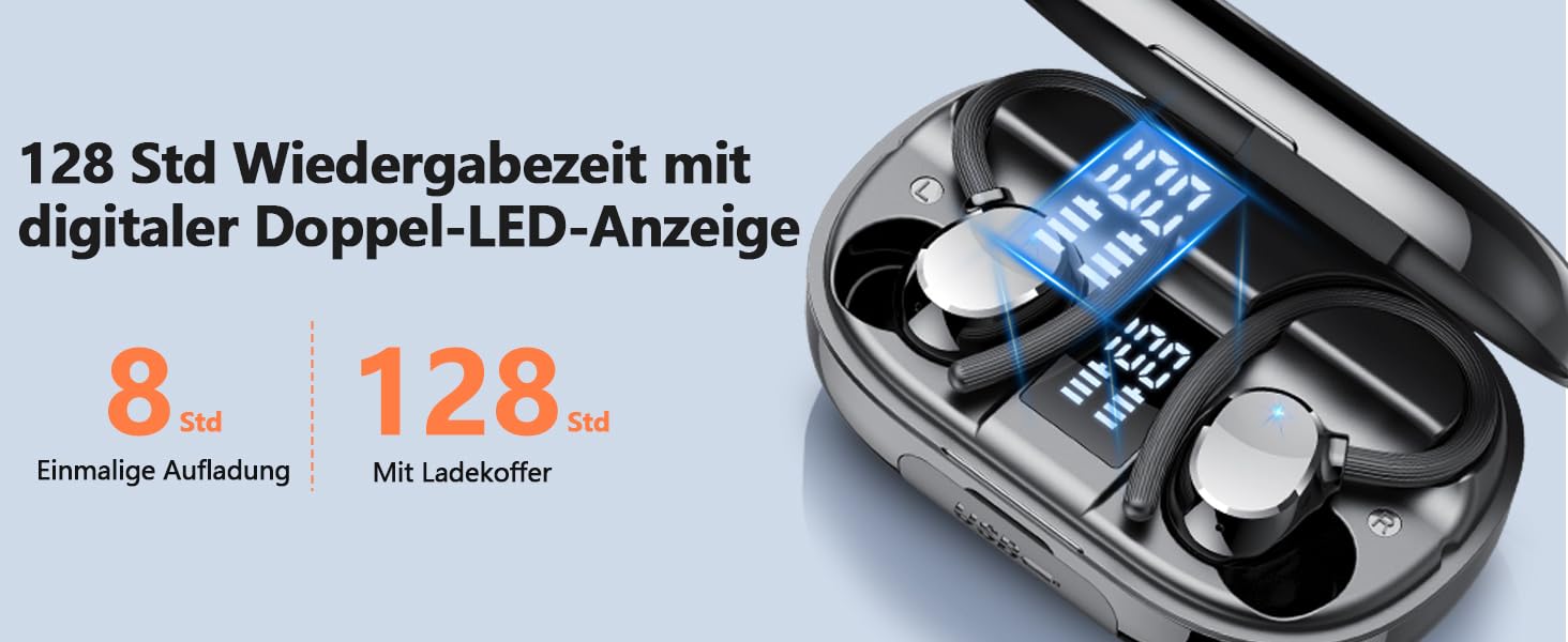 Спортивні навушники Bluetooth, бездротовий 5.3, мікрофон ENC, 128 годин, LED, IPX7, вушні гачки, iOS/Android, чорний