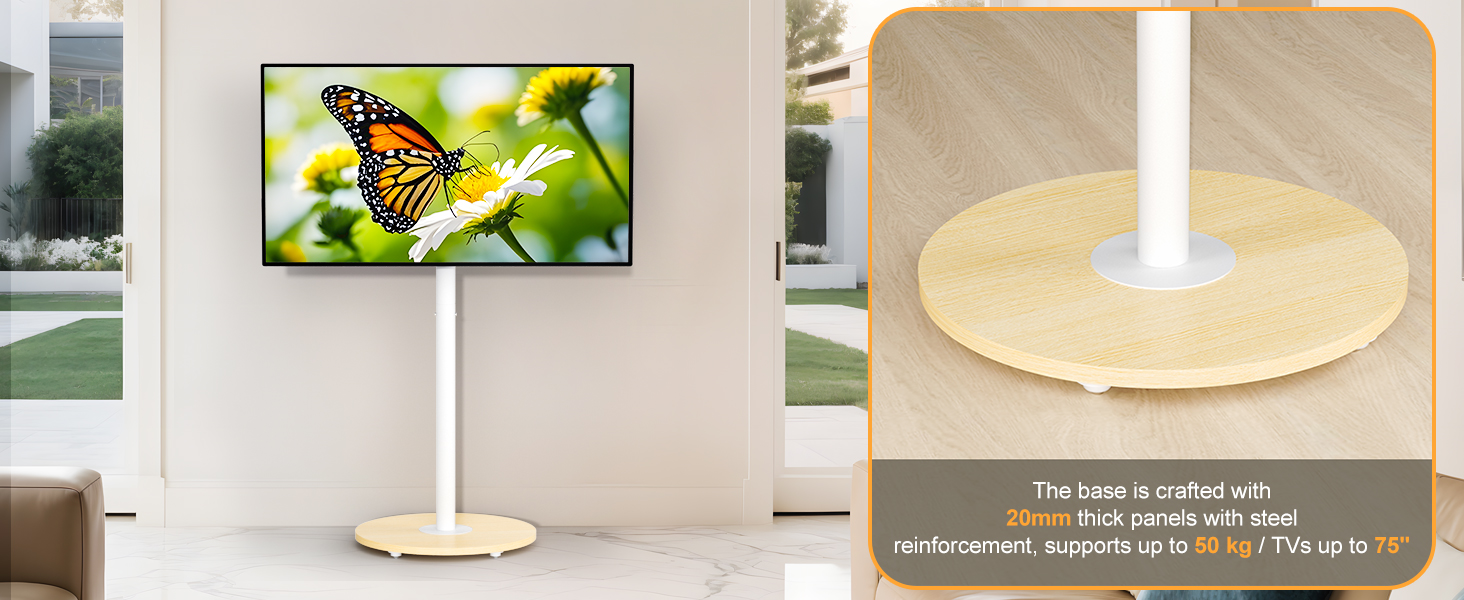 Підставка для телевізора Unho з регульованою висотою, біла, на коліщатках, для екранів 40-75 дюймів, VESA 600x400 мм, до 50 кг