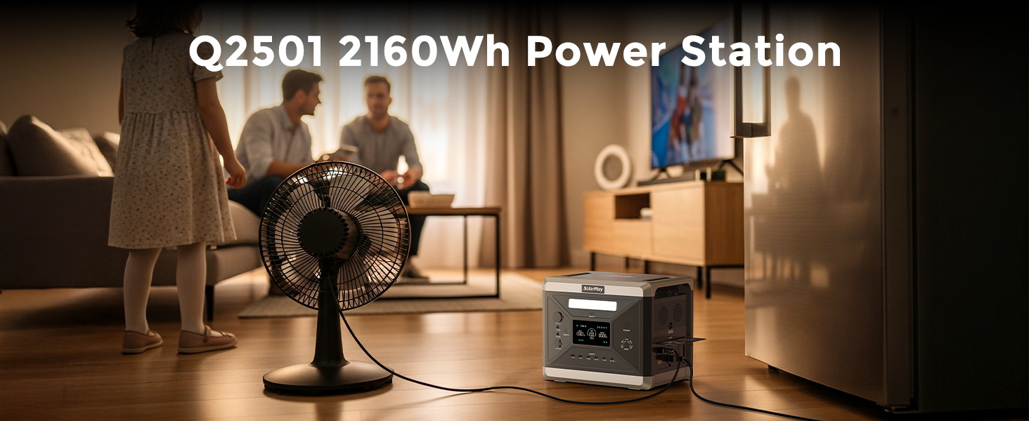 Портативна електростанція SolarPlay Q2501 з сонячною панеллю 200W, 2500W, 2304Wh LiFePO4, AC/USB порти, швидка зарядка, 12V вихід, для кемпінгу, RV, надзвичайних ситуацій