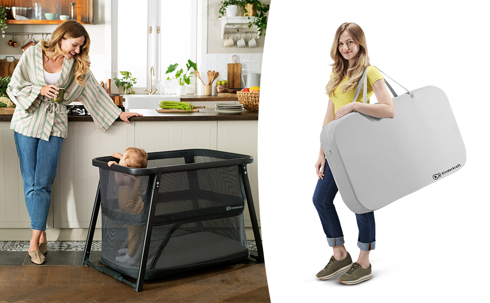 Дитяче ліжко-манеж Kinderkraft SOFI 4 в 1 - сірий, манеж для малюків, туристичне ліжко, ліжко з бічними бортиками, функція бігуна, сучасний дизайн, компактний у складеному стані