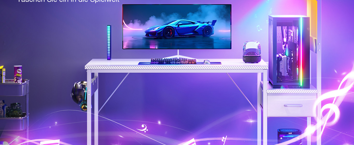 Ігровий стіл Coleshome з LED-підсвічуванням 120x48 см, з шухлядами та полицею, обертовий, з тримачем для навушників, карбонове волокно