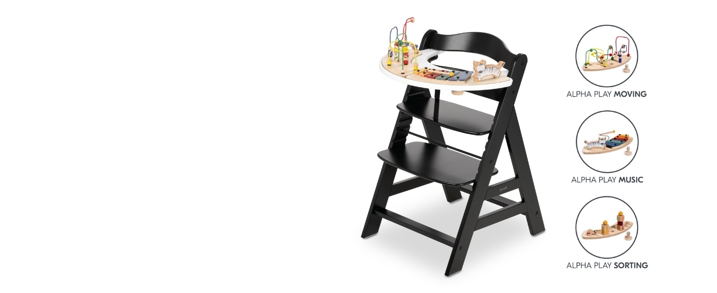 Високий стільчик для годування Hauck Alpha+ Newborn Set - з 2в1 гойдалкою. Дерев'яний стільчик для немовлят від народження, з м'якою подушкою та вкладишем для новонароджених (Classic, Чорний)
