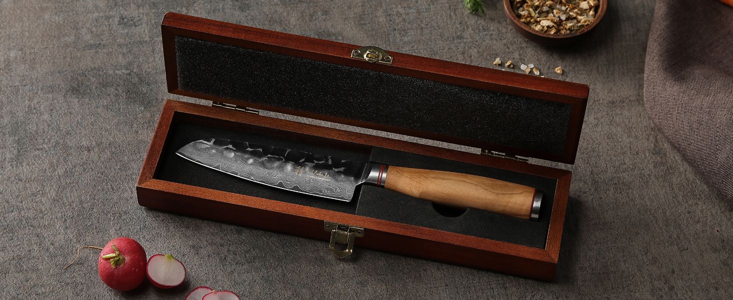 Японський ніж Santoku Wakoli Olive з дамаської сталі (серцевина VG10), 13 см – гострий та ергономічний – ніж з ручкою з оливкового дерева в подарунковій коробці, для овочів та фруктів