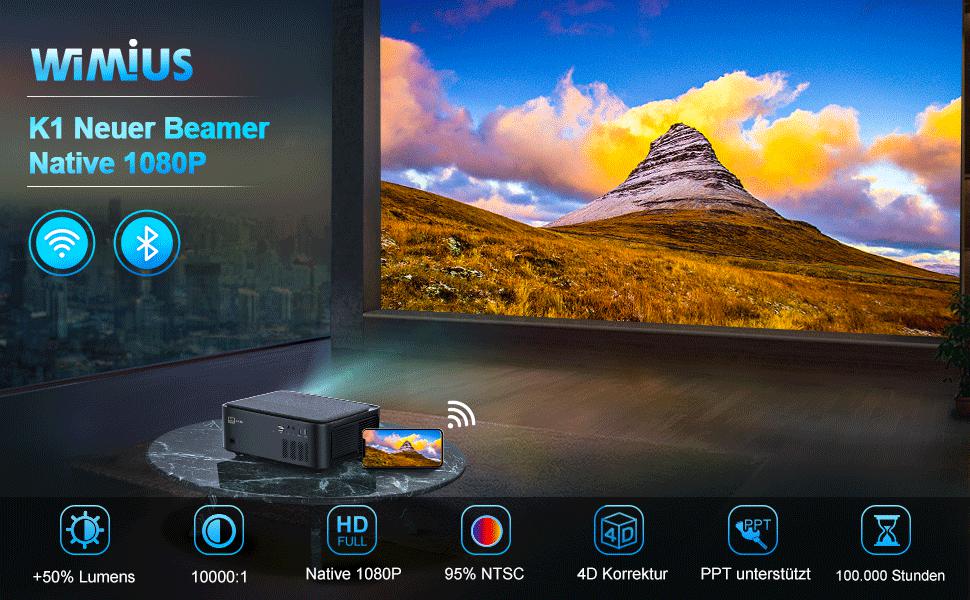 Проектор Beamer Full HD 1080P, 1200 ANSI люмен, 5G WiFi, Bluetooth, підтримка 4K, LED, для домашнього кіно, сумісний з Fire Stick, смартфоном, PS5, чорний