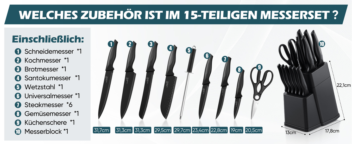Набір ножів Homikit 15 предметів з підставкою: кухонні ножі з нержавіючої сталі, веточки, 6 ножів для стейків, чорний