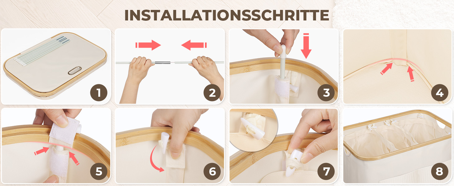 Кошик для білизни OUSFOT з кришкою, 3 відділення, 158л, розкладний, з мішком для білизни, з кишенею, бамбукова коробка для сортування білизни, бежевий