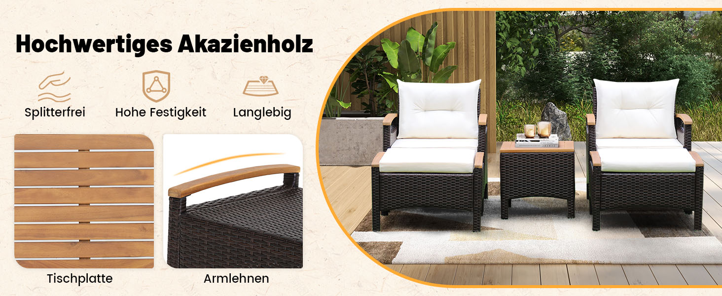 Набір садових меблів GIANTEX 5 предметів: 2 крісла, 2 пуфи та столик - ротанг, кремово-білий колір, для саду та балкону