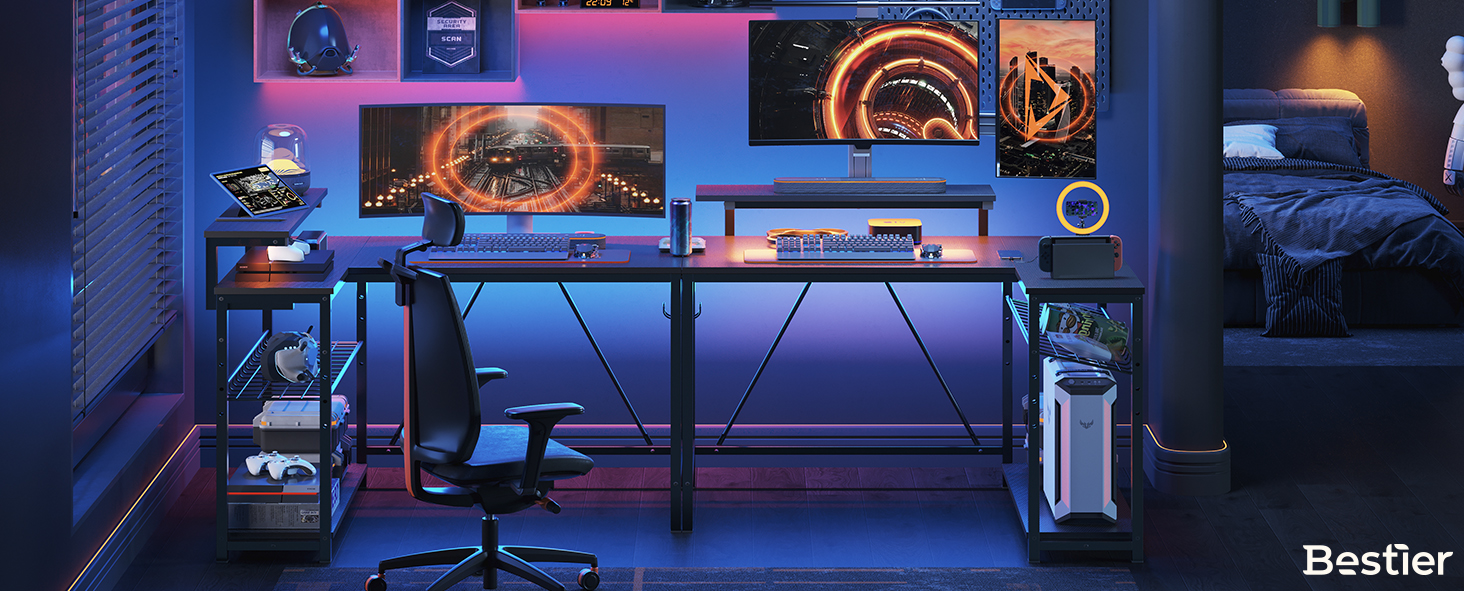 Ігровий кутовий стіл Bestier L-подібної форми з LED-підсвічуванням, розетками, 2 полицями та гачками – кутовий стіл для комп'ютера, офісу, спальні та геймінгу 106 x 80 см, 3D-вуглецеве волокно чорного кольору