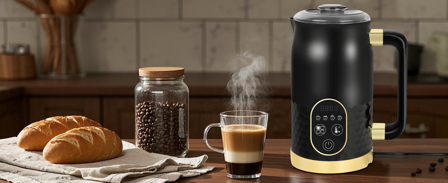 Електричний піноутворювач молока 4-в-1 з контролем температури. Підходить для капучино, лате та гарячого шоколаду. 2 насадки для різних типів пінки.