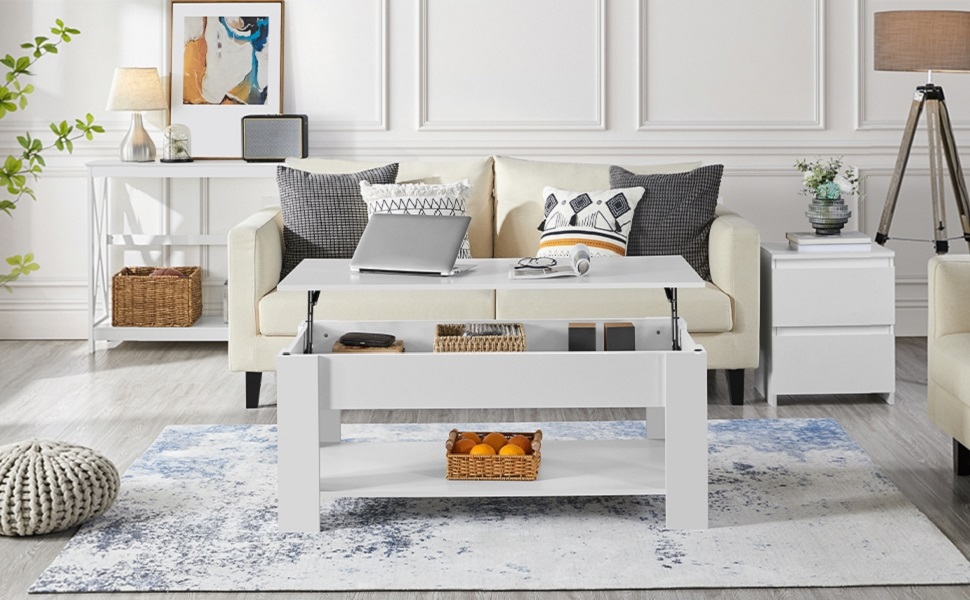 Журнальний столик Yaheetech з регульованою висотою та прихованим місцем для зберігання, дерев'яний, для вітальні та офісу (120 x 59 x (49,5-63,5) см, білий)