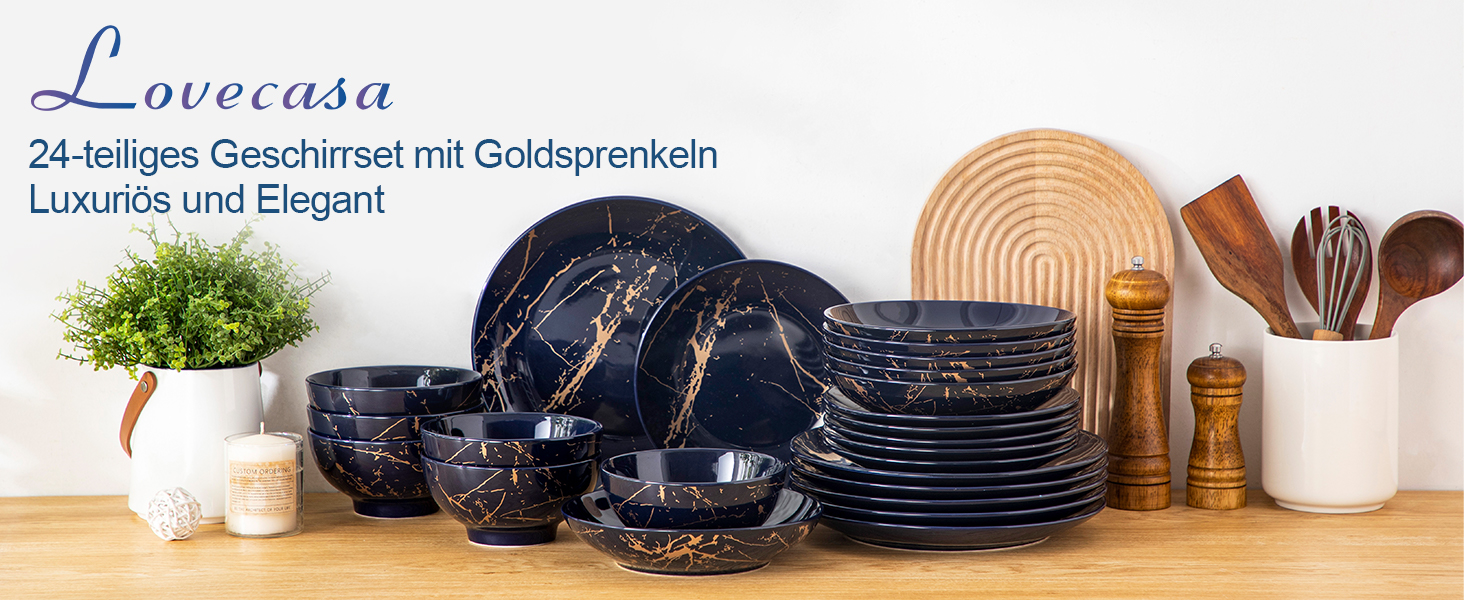 LOVECASA Tafelservice Daphne: 24-частинний набір посуду з золотим декором (Marineblau)