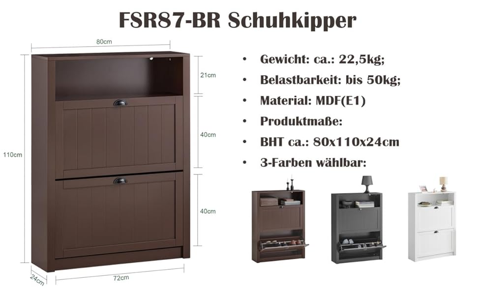 Взуттєва шафа SoBuy FSR87-BR: вузька, з 2 дверцятами, 4 полиці, додаткова поличка, колір коричневий, розмір 80x110x24 см