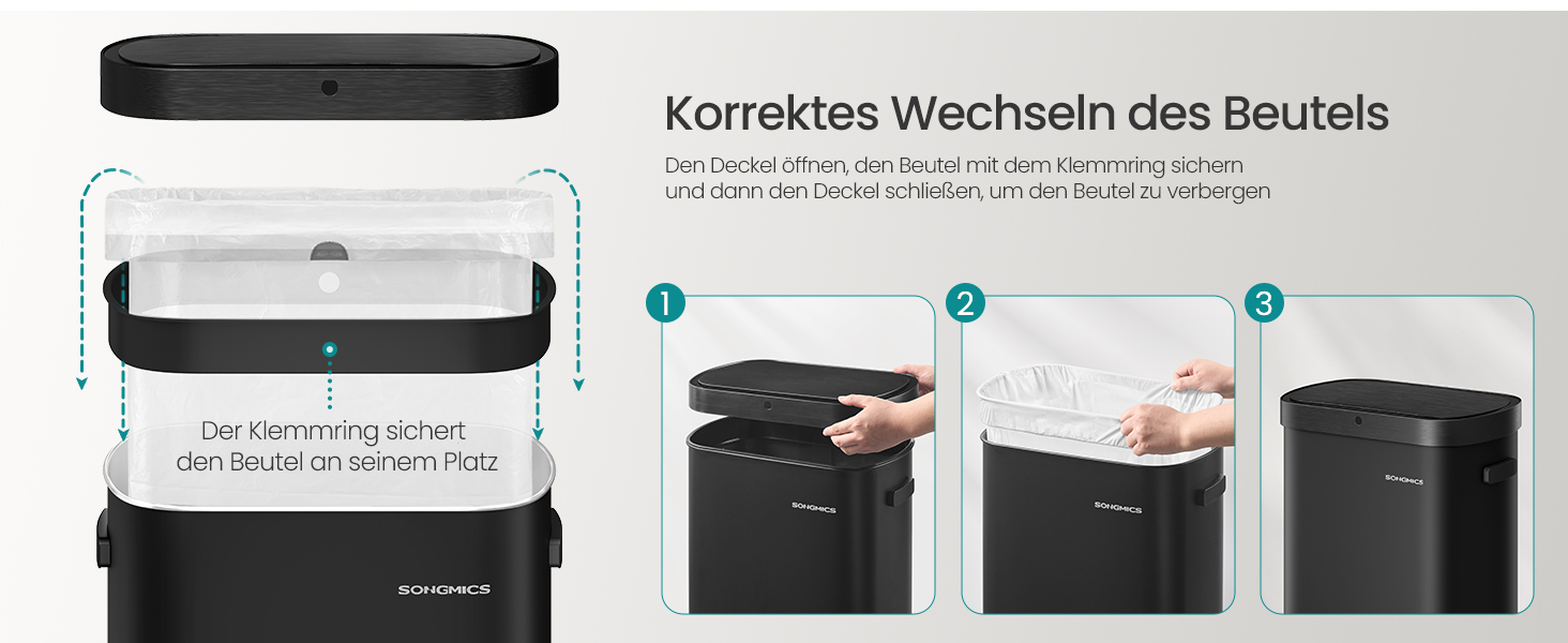 SONGMICS Сміттєве відро з сенсором, автоматичне, 50 л, відкриття рухом руки/дотиком, Softclose-кришка, сталь, 15 мішків, чорний LTB640B02