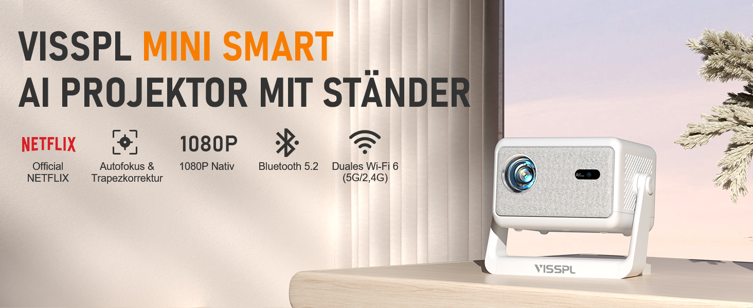 Smart Mini Beamer 4K VISSPL 3000ANSI: Wi-Fi, Bluetooth, Full HD 1080P, Автофокус, Трапецеїдальна корекція, для дому та вулиці (Кремово-білий)