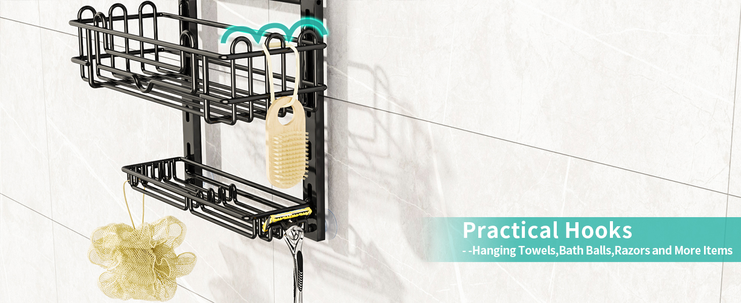 Настінна поличка для душу HapiRm з 4 ярусами, чорна - 22 гачки, 2 тримачі для зубних щіток