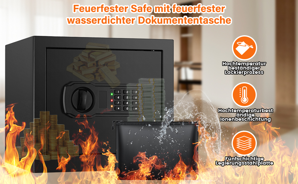 Вогнетривкий сейф Safe Tresor для дому з вогнетривкою сумкою, цифровий сейф з висувним ящиком та сигналізацією, сейф для зберігання грошей, документів та ліків (36L)