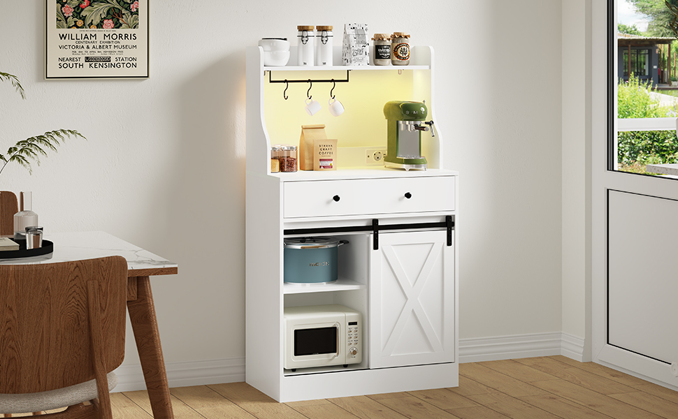 Буфет-шафа з робочою поверхнею, велика шухляда, регульовані полиці, 3 гачки, LED-підсвічування, для кухні, вітальні, їдальні (білий)