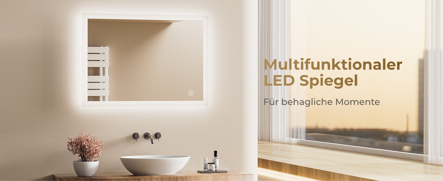 Дзеркало для ванної кімнати з підсвічуванням LED 80x60 см, регульоване, з протитуманним покриттям, вертикальна/горизонтальна установка, 3 кольори світла (3000K/4000K/6500K)