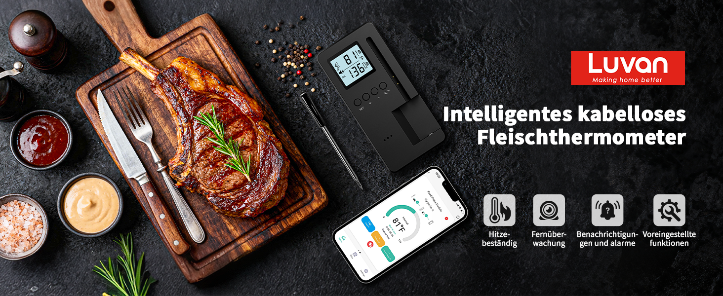 Bluetooth термометр для м'яса Luvan: бездротове підключення, IP67, для BBQ, гриля, духовки та фритюрниці