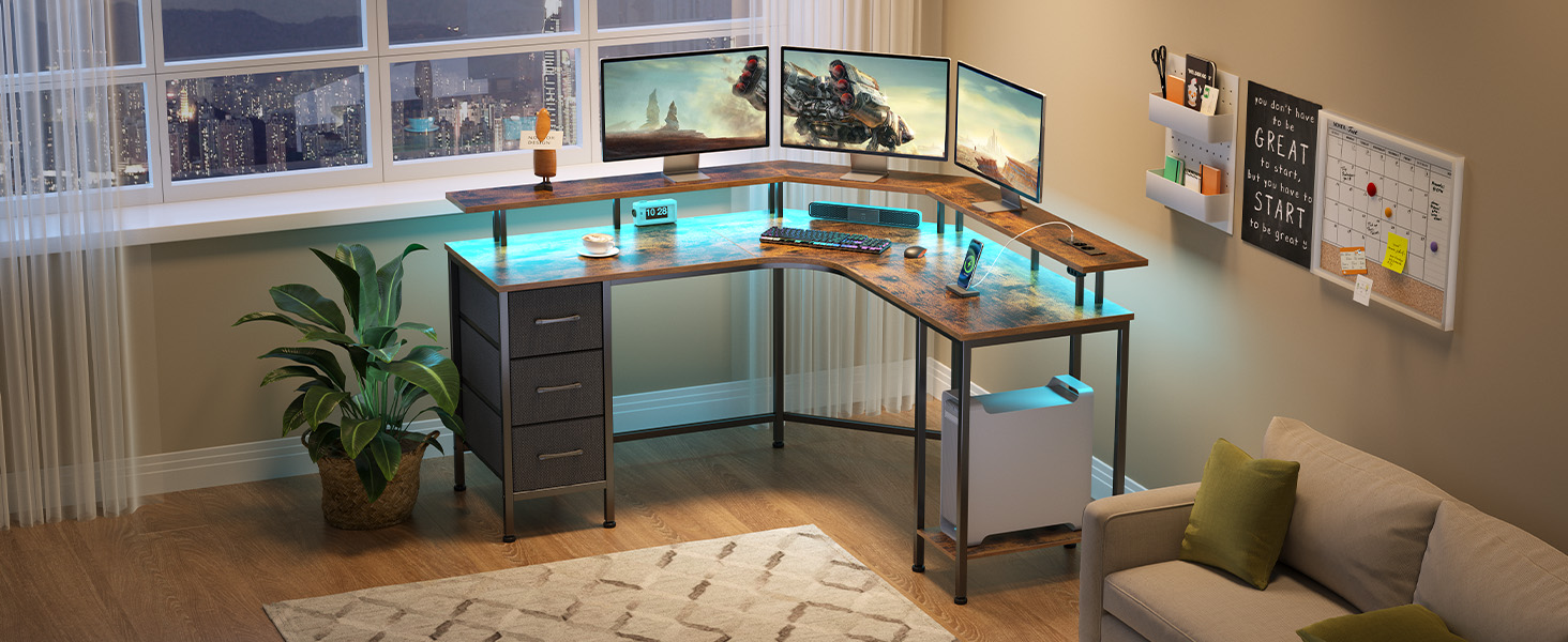 Ігровий кутовий стіл Seventable L-подібної форми з LED підсвіткою та розетками, 3 висувні ящики, стіл для дому та геймінгу, 135x135x88 см (Вінтажний коричневий)