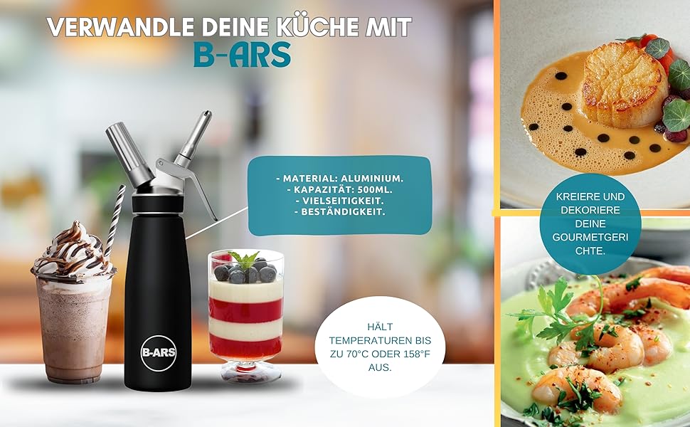 Дозатор для вершків B-ARS з алюмінію, 500 мл, з нержавіючою сталею, для десертів, мусів, легко миється