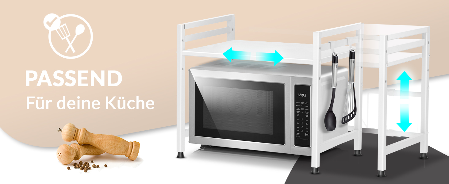 Стійка для мікрохвильової печі та кухонні полиці з нержавіючої сталі, 2-ярусна | Стійка для мікрохвильовки, полиця для зберігання, полиця для пекаря, регульована висота та довжина | З інструкцією у відеоформаті та гачками (Білий)
