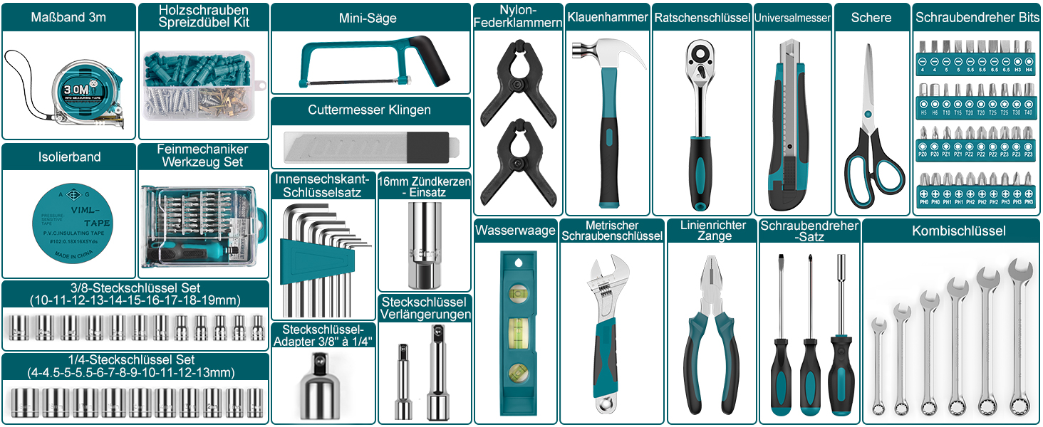 Набір інструментів Sundpey 257 предметів у кейсі: набір гайкових ключів, викруток, шестигранників, плоскогубців (синій)