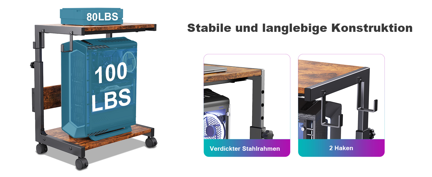 Регульована підставка для комп'ютера Tower з 2-ярусним корпусом ATX, підлоговий стійк, стійка для 3D-принтера з полицями, фіксуючі колеса, сумісна з більшістю комп'ютерів (темно-коричневий, W44 x D30 x H44-59.5cm)