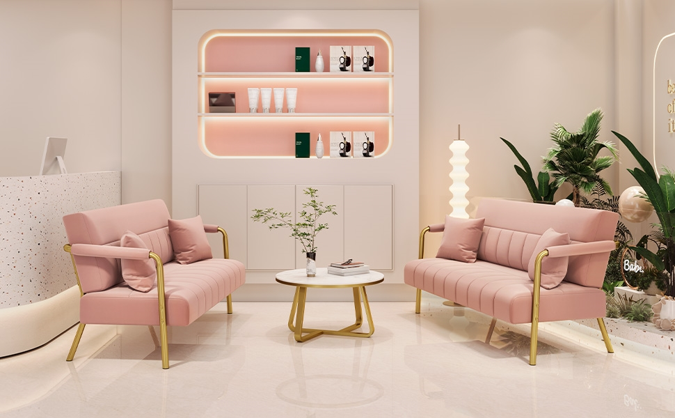 Yaheetech Рожеве крісло-софа з підлокітниками та металевими ніжками. Сучасне двомісне крісло-софа з 2 подушками для попереку. Для вітальні/спальні (143,5 см)