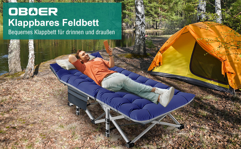 Розкладне кемпінгове ліжко з матрацом та кишенями, сталевий каркас, навантаження до 200 кг, 190x71x36 см, синій