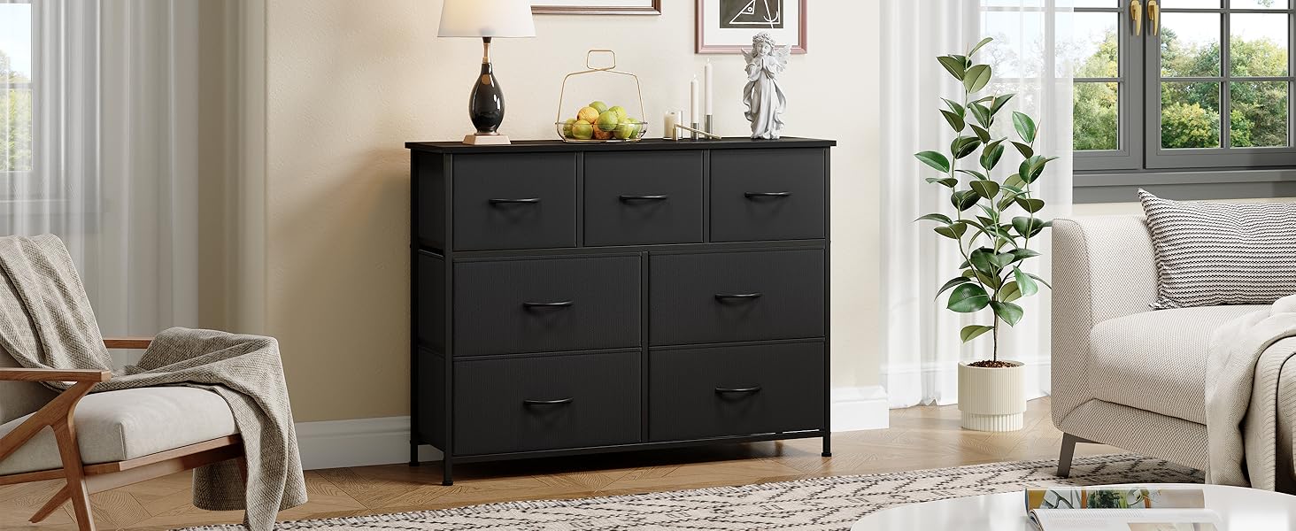 Комод Somdot з висувними ящиками, тканинний комод, комод для спальні, вітальні, прихожої, шафа для зберігання, 5 тканинних ящиків, білий колір, штучна шкіра (чорний, 30T x 100B x 74.5H см (7 ящиків))