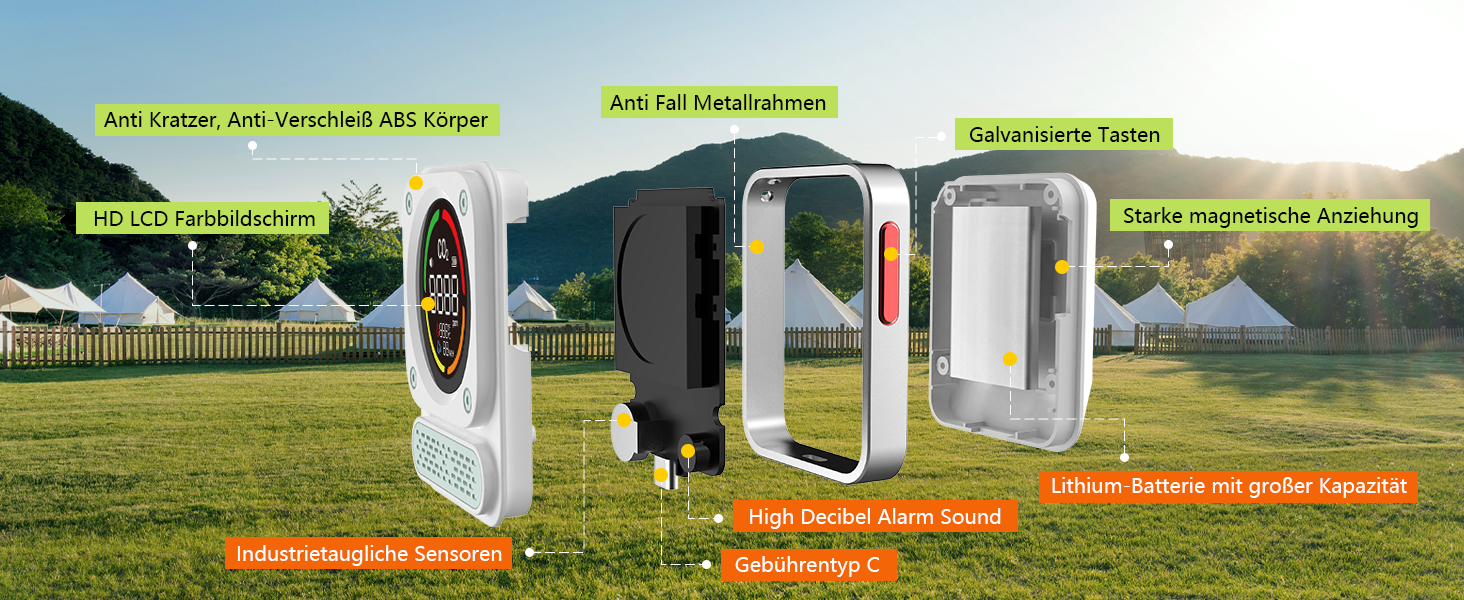 Портативний детектор чадного газу 3-в-1 з перезаряджаємою батареєю, сенсор на 10 років, 200 годин роботи для подорожей, кемпінгу, намету, автодому, дому, кухні